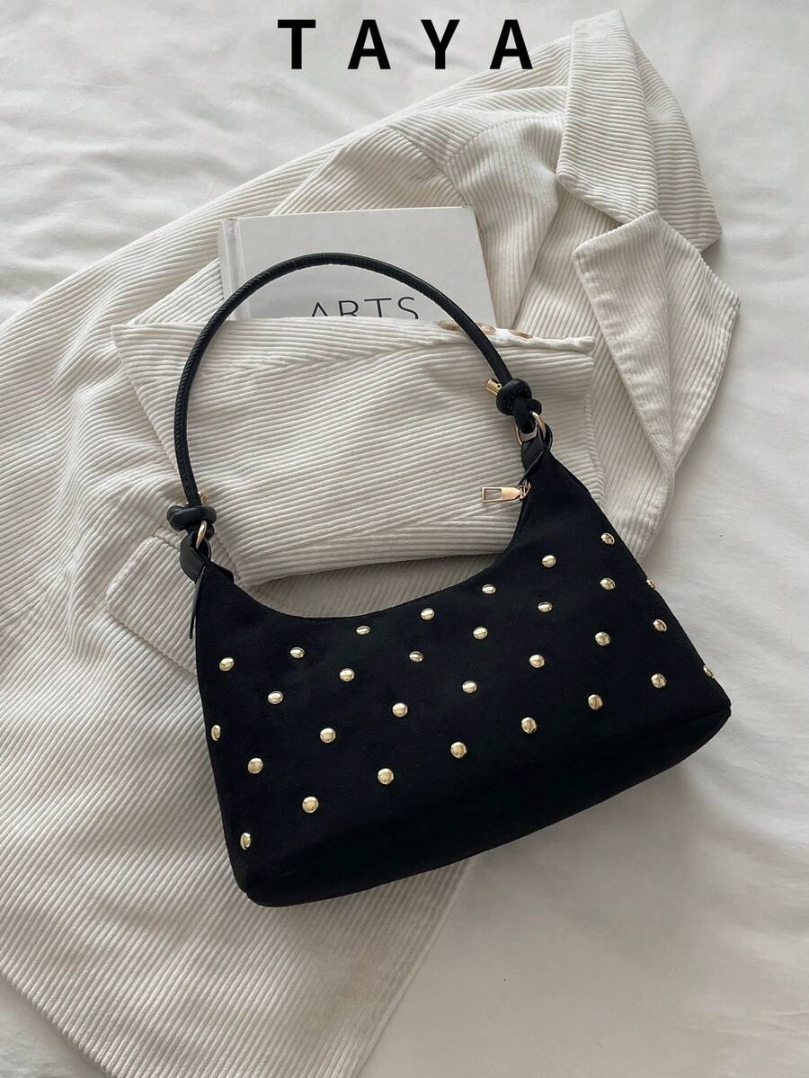 1pc Rivet Decor Women's Underarm Bag, Suitable For Shopping, Wallet, Young Women, College Students, Applicable For Office, School, Work And Business Occasions.