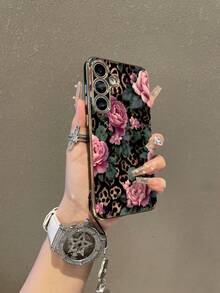 1pc Black Electroplated Premium Leopard Print With Pink Large Rose Pattern Full Coverage Shockproof Phone Case And 1pc Black Drip Glue Rhinestone Flower Phone Lanyard, Suitable For Versatile Phone Case/Lanyard Phone Case/Fun Phone Case/Apple Phone/Android Phone Case, For Galaxy S26 S25 S24 S23 S22 S21 S20 Plus Ultra FE Case - Multicolor - View 3