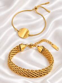 2pcs Gold Bracelet Set, 5 Row Chain & Round Disc Charm Bracelet, 18K Gold Plated Stainless Steel, Simple Layering Jewelry For Women, Gift Idea - Multicolor - View 8