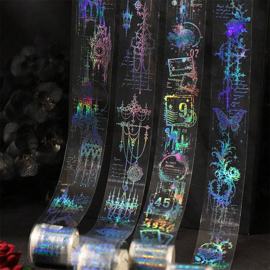 1 Roll PET Tape, Falling Into The Night Series, Gothic Style, Iridescent Glossy, Freely Cuttable. Suitable For Scrapbooking, Journaling, Collage, Photo Album, Phone Case Decoration, Greeting Card Making, Can Be Used For Halloween, Christmas, Birthday And Other Holiday Decorations, Essential Student Stationery