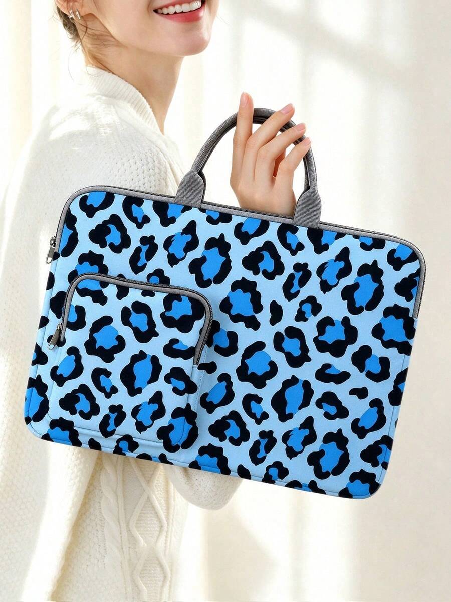 4-Color Leopard Print Laptop Bag/Briefcase - Made Of Soft Fabric, Compatible With Various Laptop And Tablet Devices, Equipped With External Zipper Pocket And Fixed Handle, Large Capacity Storage, Combines Protection And Portability, Suitable For Work, Study And Travel, Essential For Daily Commute - Grey - View 1