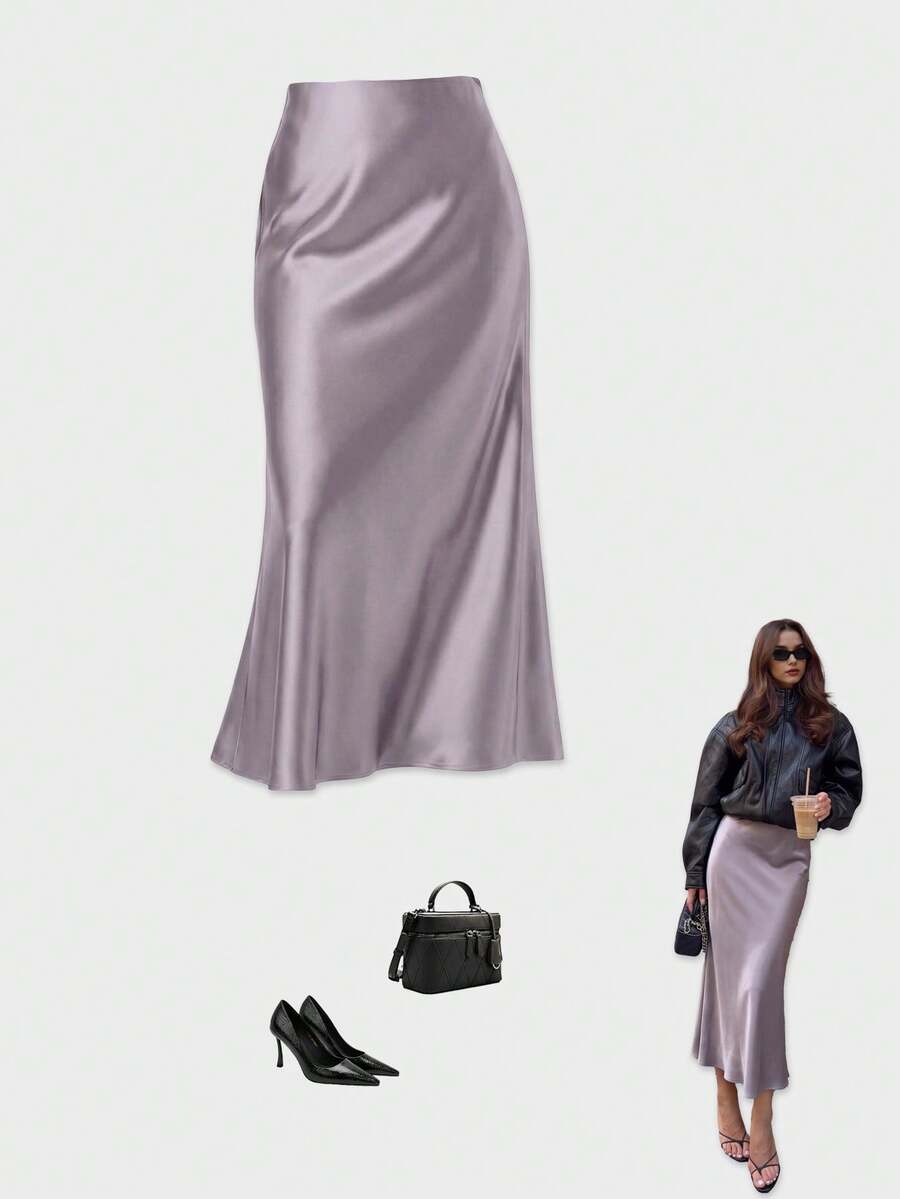 YROOE Women's Fashion All-Season Satin Elastic Waist Maxi Skirt