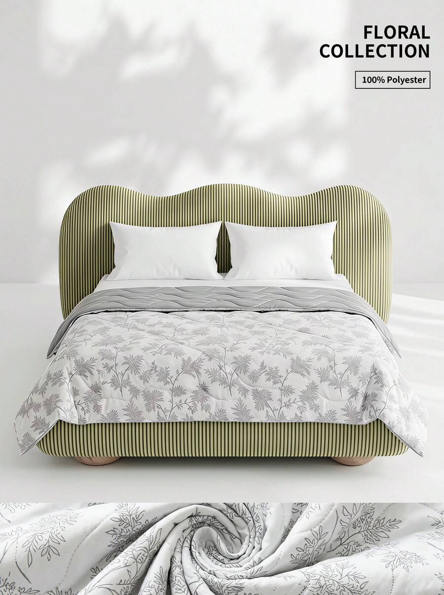 Veyra Day Lightweight Botanical Quilt Blanket - Soft Washed Microfiber Quilted Comforter With Grey Floral Leaf Print, Breathable All-Season Bedspread Coverlet For Couch & Bed - Grey - View 1