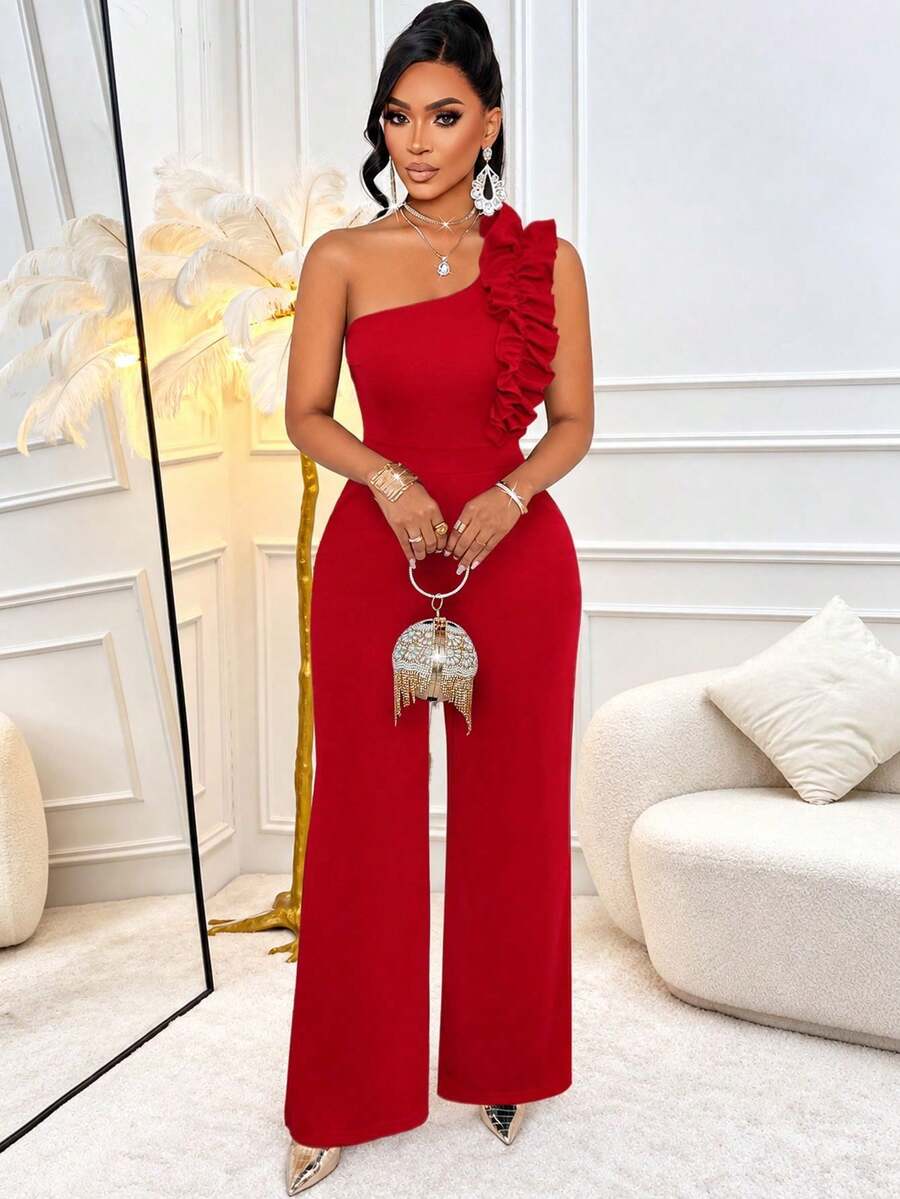 AIJ Amarilo Women's Luxury Autumn Evening Jumpsuit, One Shoulder Ruffle Wide Leg Jumpsuit, Elastic Textured Fabric, Side Pockets, Suitable For Back To School, Daily Wear, Commute, Holiday, Party, Banquet - Red - View 1