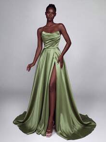 Elegant Women's Strapless Satin Maxi Dress With Thigh Slit And Flared Hem, Formal Evening Gown For Party And Gala - Green - View 6