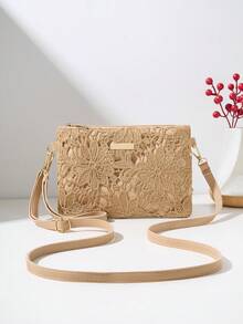 Mini Hollow Floral Woven Beach Bag, Wrist Bag, Coin Purse, Shoulder Bag, Women's New Multifunctional Compact Unique Shoulder Bag, Square Bag - Apricot - View 1