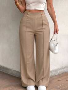 GLAMSKIN Fall Women High Waist Double Button Wide Leg Pants,Front Seam Straight Trousers With Pockets, Casual Office Pants - Khaki - View 5