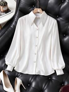 Women's Elegant Long Sleeve Hollow Neckline Design Blouse, Suitable For Daily Wear, Commuting, Dating And Casual Outings - White - View 1