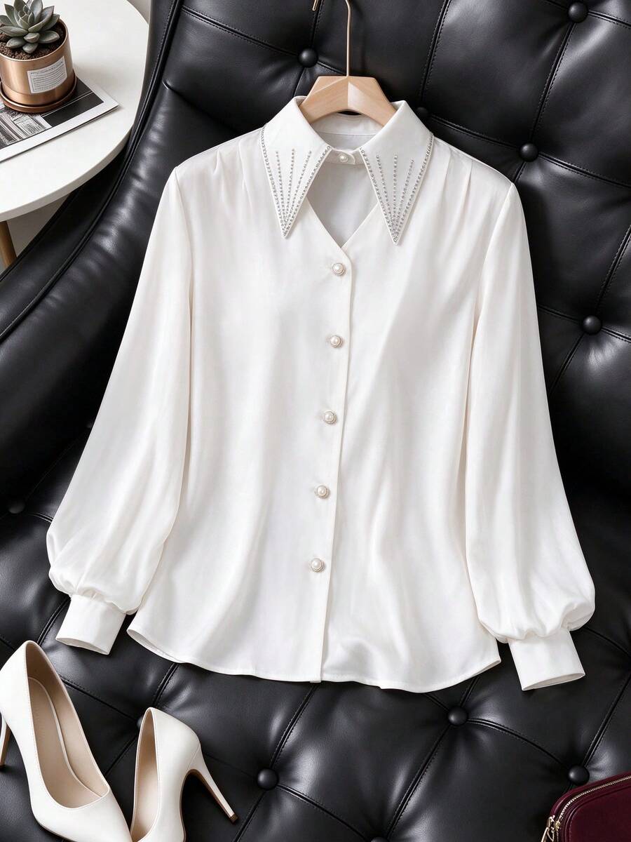 Women's Elegant Long Sleeve Hollow Neckline Design Blouse, Suitable For Daily Wear, Commuting, Dating And Casual Outings - White - View 1