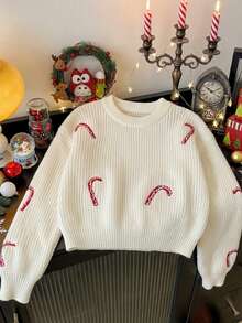 Tween Girls' Cute Embroidered Candy Cane Pattern Round Neck Short Knit Pullover Sweater Long Sleeve Casual Daily Wear Spring Autumn Winter - Apricot - View 3