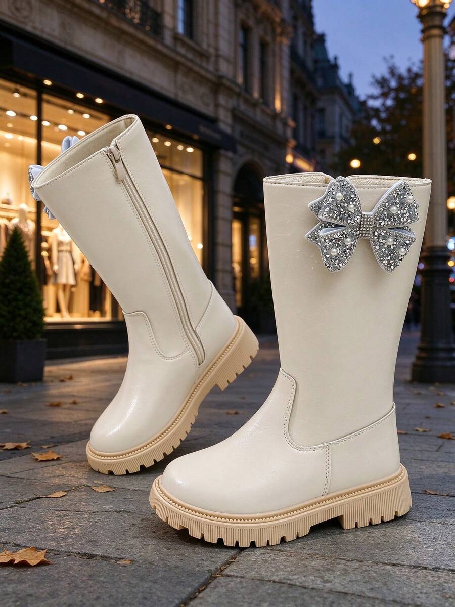New Beige Kids' Knight High-Top Boots, Soft PU With Side Four-Leaf Clover Rhinestone Decor, Princess Girls' Long Boots, Side Zipper Design, Durable Anti-Slip Soft Sole, Versatile For Autumn/Winter Daily School And Outdoor Wear - Beige - View 1