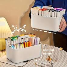 5-Compartment Multi-Functional Storage Basket With Handle, Portable Pen Holder, Extra Large Plastic Clear Stackable Pencil & Crayon Marker Box, Desktop Organizer For Art Crafts, Pens, Back-To-School Teacher Supplies - Multicolor - View 4