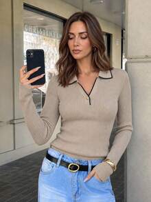 Women's Elegant Ribbed Knit Collared Slim Fit Long Sleeve Top, Flattering Waist-Cinching Knit Sweater For Daily Wear, Date Outfits, Early Autumn Layering, Office Commute And Versatile Occasions - Khaki - View 3
