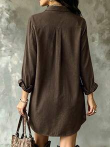 Women's Khaki Long Sleeve Polyester Button-Down Shirt Dress, With Collar, Button Front, Roll-Up Sleeves And High-Low Curved Hem, Loose Casual Top, Front Short Back Long Design, Suitable For Spring & Autumn Street Wear, Spring - Khaki - View 5