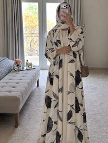 Women's Long Sleeve Printed Long Abaya, Islamic Style Kimono Robe, Elegant Autumn Fashion - White - View 4