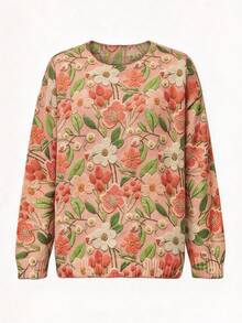 VEXHEIMA Western Style Women's Fashionable, , Floral, Colorful Print, Round-Neck, Long-Sleeve Casual Fall/Winter Sweater - Pink - View 9