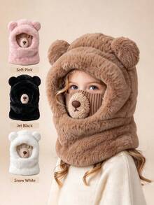 Autumn/Winter Cute Ear Design Hat, Hat Scarf Integrated Face Mask, Suitable For 3-8 Years Old Boys And Girls, Plush Hat - Multicolor - View 1