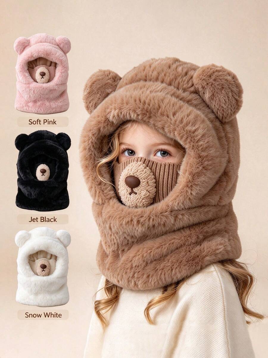 Autumn/Winter Cute Ear Design Hat, Hat Scarf Integrated Face Mask, Suitable For 3-8 Years Old Boys And Girls, Plush Hat - Multicolor - View 1
