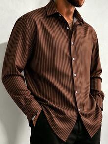Vintage Striped Casual Commute 3D Digital Print Plus Size Lightweight Button Pocket Long Sleeve Shirt For Men - Brown - View 1