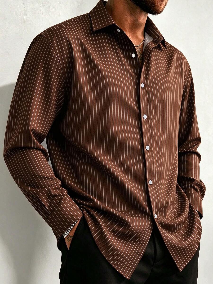 Vintage Striped Casual Commute 3D Digital Print Plus Size Lightweight Button Pocket Long Sleeve Shirt For Men - Brown - View 1