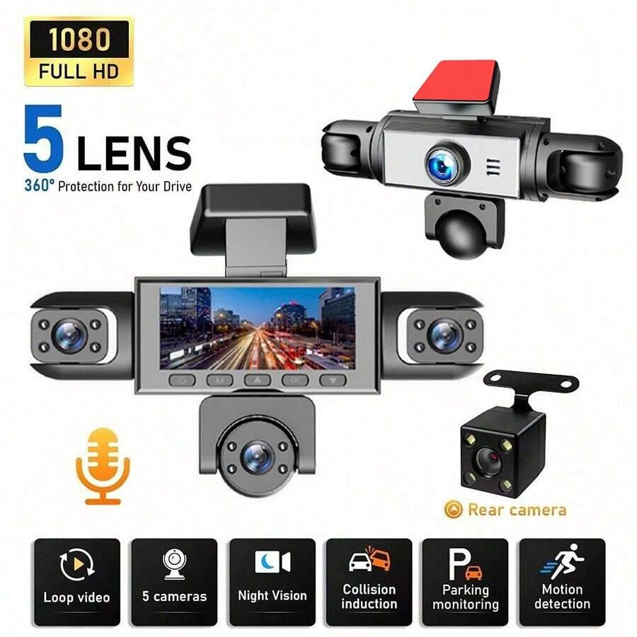 SIDAKEYE 360° Panoramic 5-Lens Car Camera, 3.16-Inch IPS Car Screen, Gravity Sensor, Loop Recording, Monitoring Camera, High Definition Ultimate 1080P Front Camera And 720P Front/Rear/Left/Right Full View Coverage, Four-Screen Display, Wide Dynamic Range, Car Accessories, USB Charging, 150mAh Battery - A - View 1