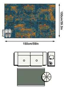 1PC Deep Blue & Orange Yellow Abstract Geometric Textured Pattern Living Room Rug, Modern Art Vintage Wabi-Sabi Distressed Faux Cashmere Rectangular Machine Washable Area Rug, Suitable For Daily Home/Living Room Bedroom Bathroom Vanity/All Season Large Size Floor Mat, Aesthetic Home Decor - Multicolor - View 14