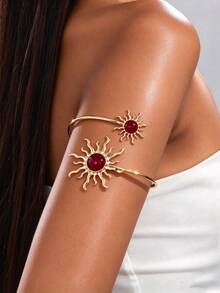 1pc Fashionable Minimalist Sun Metal Gold Arm Cuff, Elegant Versatile Design Suitable For Women's Vacation Wear - Burgundy Sun - View 1