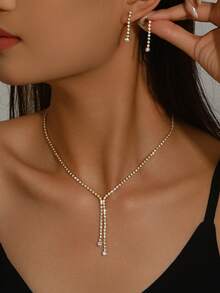 Women's Minimalist Necklace And Earrings Jewelry Set, Rhombus Pattern, Elegant Party 2-Piece Set, Bridal Accessories, Wedding Season - Gold - View 1