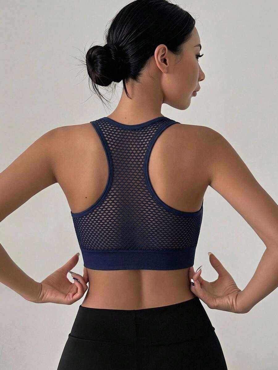 DAZY 1pc Women's Solid Color Front Zipper Sports Bra, Yoga Fitness Hollow Back Sports Bra - Navy Blue - View 1