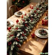 Extra-long artificial Norfolk pine garland for Christmas, featuring dense and realistic foliage adorned with artificial pine cones and red berries. Ideal for Christmas staircase handrails, entrance hall walkways, window frame edges, fireplace mantels - Multicolor - Ver 4