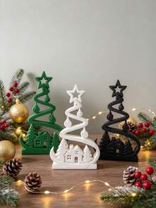 1pc Spiral Christmas Tree Desktop Decoration, Hollow Star Top Christmas Tree Ornament With House And Pine Tree Pattern, Tabletop Decor, Christmas Home Desktop Frame Decoration, Holiday Party Centerpiece Gift, Winter Holiday Decoration Gift - House Pine Tree Ornament - View 6