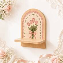 Tulip Floral Wooden Arch-Shaped Floating Shelf, Romantic Wall-Mounted Display Rack, Decorative Storage Shelf, Suitable For Candles, Perfume, Jewelry, Plants, Bedroom, Living Room Decor - Apricot - View 5