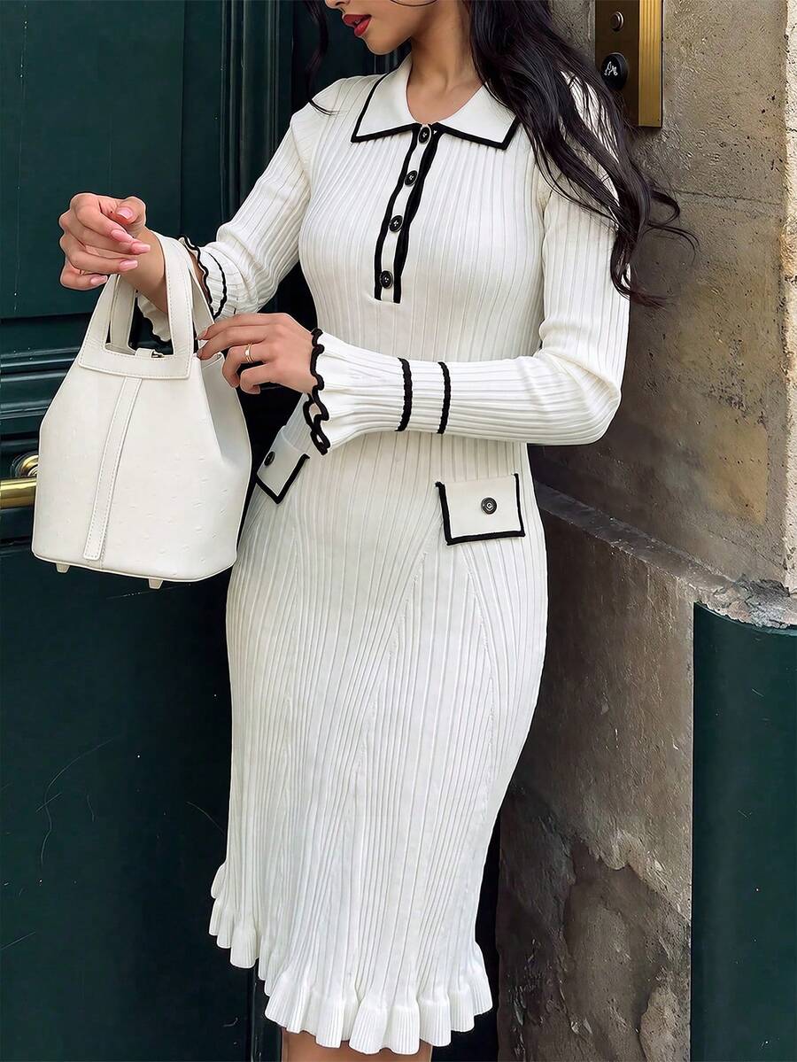 Yuwenier White Elegant Romantic Sweater Dress, Neckline Design, Flared Sleeves, Faux Pockets, Ruched Waist With Ruffle Hem, Suitable For Daily Commute And Christmas Outfit - White - View 1