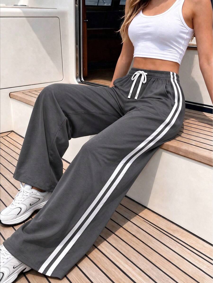 Women's Side Double Stripe Straight Leg Sweatpants, Elastic Waist Drawstring Loose Draped Casual Long Pants - Dark Grey - View 1