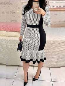 ChicMe Polka Dot Print Color Block Midi Dress With Ruffle Hem, Elegant Commuter Outfit - Black and White - View 1