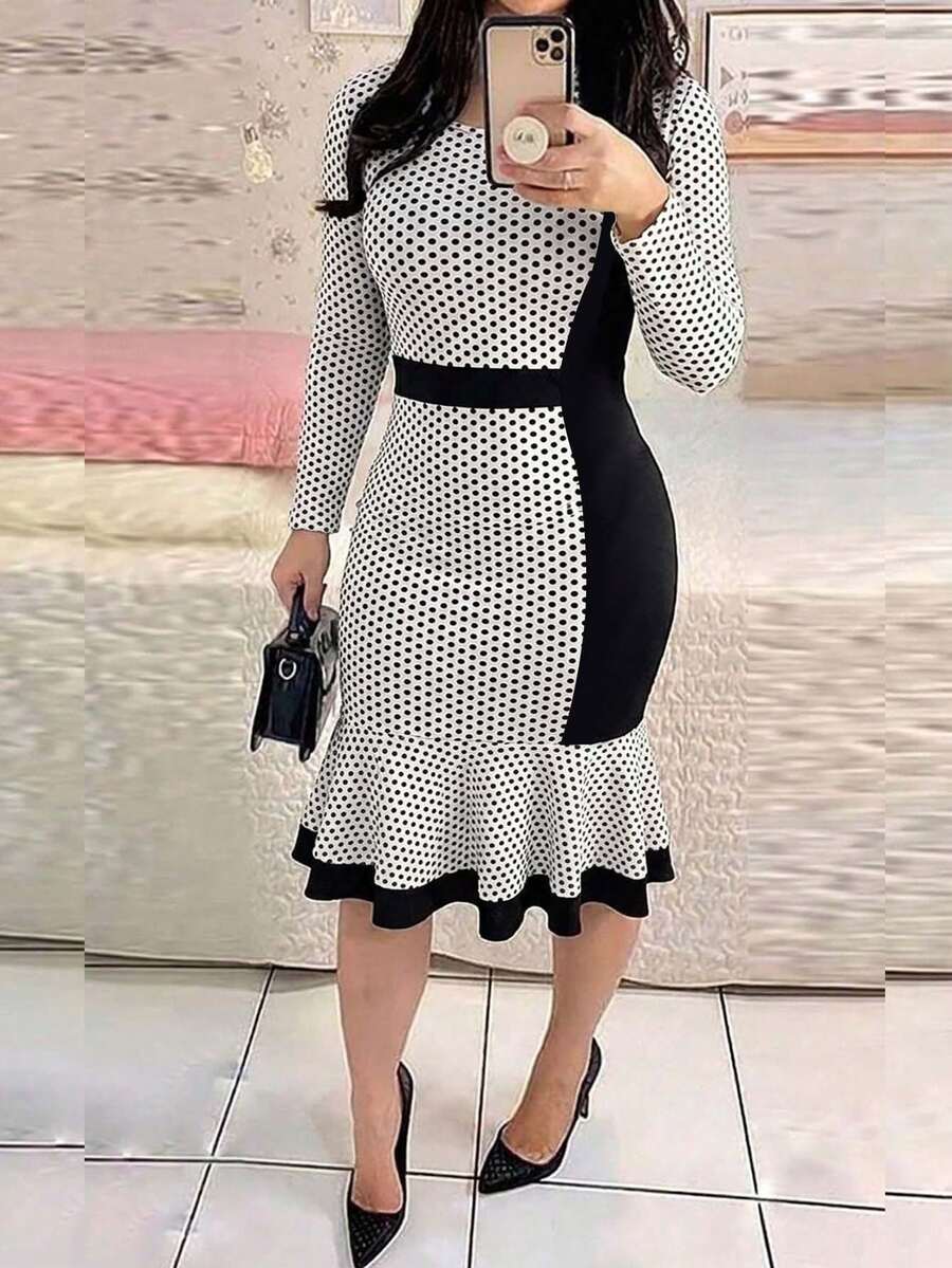 ChicMe Polka Dot Print Color Block Midi Dress With Ruffle Hem, Elegant Commuter Outfit - Black and White - View 1