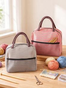 Printed With Yarn, Scissors And Knitting Needles, This Handbag Can Store Sewing Tools, Cosmetics And Small Personal Items. Multiple Fresh Striped Color Combinations, Suitable For Handmade Enthusiasts And Commuters, Artistic Handmade Healing Style, Perfect As A Practical Creative Gift For Girls Who Love Knitting And Sewing - Multicolor - View 9