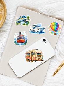 50Pcs Watercolor Wheel Collection Stickers, Fresh Watercolor Transportation Style, Including Retro Cars, Trucks, Buses, Subways, Airplanes, Ships, Hot Air Balloons, For Journal Collage, Skateboard, Tablet, Notebook, Storage Box, DIY Craft Decoration - Multicolor - View 7
