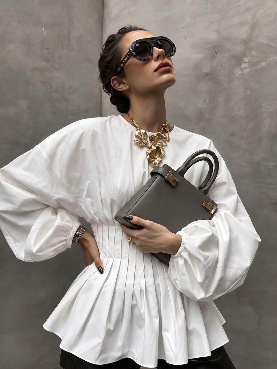 Vuslat Women's Winter Shirt, Back Lace-Up Hollow Design, Pleated Puff Sleeves, Suitable For Dating, Commuting, Party And Afternoon Tea - White - View 1