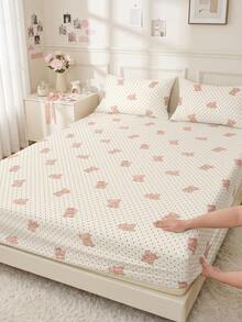 1pc Pink Bear Pattern Fitted Sheet Mattress Cover, Autumn Bedding, Soft Comfortable Warm Breathable, Machine Washable, Single/Double/Queen/King, All Season, Pillow And Pillowcase Not Included, Dorm Bedding, Bedroom Decor - Multicolor - View 1