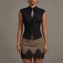 Women's Brown Plaid Lace Patchwork Elegant Elegant Skirt - Khaki - View 5