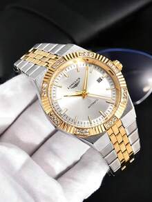 LONGLUX 1pc Men's Automatic Mechanical Watch, Luxury Rhinestone Steel Band Business Calendar Wristwatch, Daily Wear, Holiday Gift - White - View 3