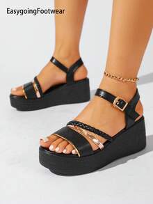Sandal Wedges Wanita dengan Gesper Tunggal dan Sol Tebal, Anti Selip, Ringan, Nyaman, Serbaguna untuk Berbelanja, Pesta, Rok, dan Celana - Hitam - View 4