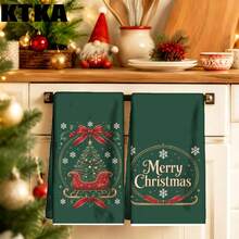 2件組聖誕廚房抹布，深綠色背景聖誕雪橇與聖誕樹、Merry Christmas字母印花，聖誕廚房裝飾，冬季假期餐桌擺飾，農舍風聖誕家居裝飾禮物 - 綠色 - 查看 9