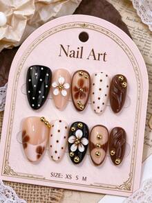 10pcs Medium Almond False Nails Milk Coffee Polka Dot 3D Floral ...