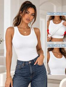 ChicMe Built-In Bra Sleeveless Ribbed Knit Tank Top Slim Fit Round Neck Basic Top - White - View 4