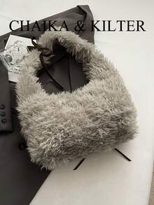 1pc Fashionable Plush Fabric Shoulder Bag, Suitable For Commuting, Shopping And More - Grey - View 5