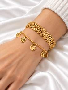2pcs Gold Bracelet Set With Tree Charms, Multi Row Curb Chain & Beaded Charm Bracelet, 18K Gold Plated Stainless Steel, Layered Gift For Women - Multicolor - View 3