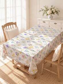 MEMNUN 1pc Tulip Orchid Floral Pattern Printed Tassel Tablecloth, Polyester Cotton Artistic Fresh Print Pattern Dining Table Cover, Suitable For Long Table, Round Table, Dining Table, Coffee Table, Picnic, Vanity Dust Cover - Multicolor - View 1