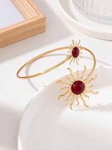 1pc Fashionable Minimalist Sun Metal Gold Arm Cuff, Elegant Versatile Design Suitable For Women's Vacation Wear - Burgundy Sun - View 3